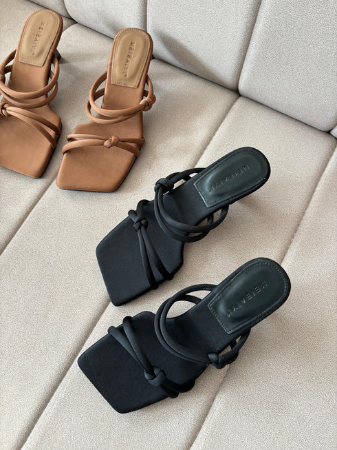 Ladies Double Knot Strap Square Open Toe Slid-On Heel